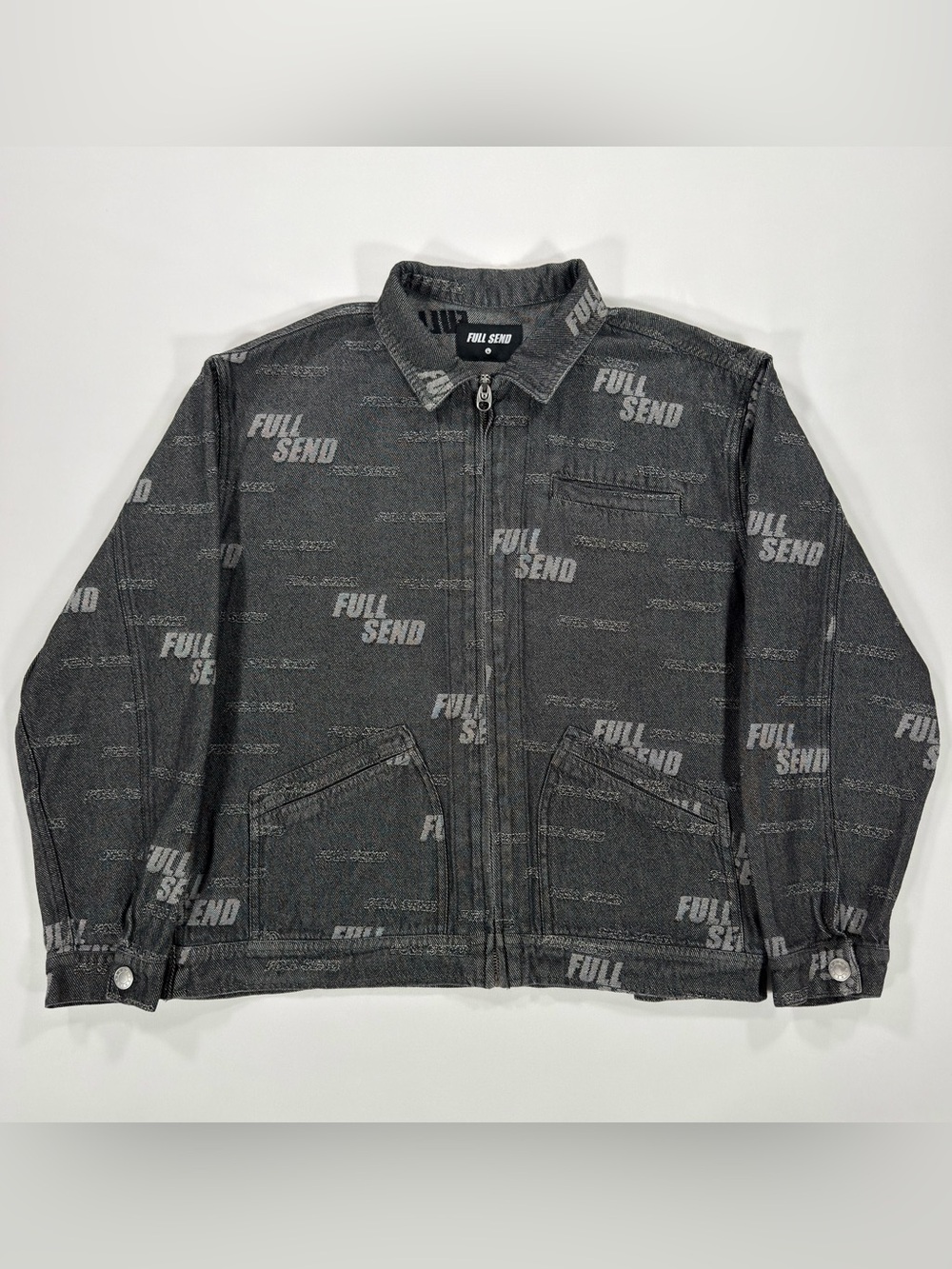 FULL SEND Nelk Mens Large All Over Print Black Denim Zip Up Work Jacket Coat